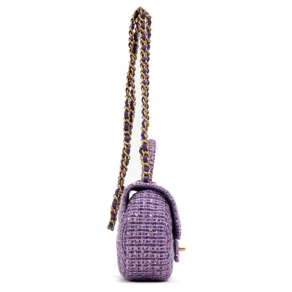 Shoulder Bag Rare Top Handle Tweed Flap Purple Tweed Sequin Canvas