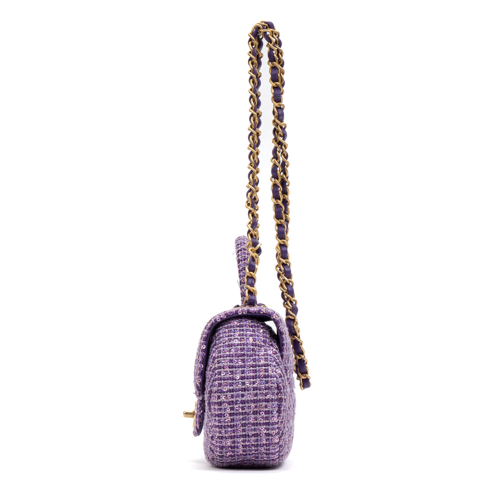 Shoulder Bag Rare Top Handle Tweed Flap Purple Tweed Sequin Canvas
