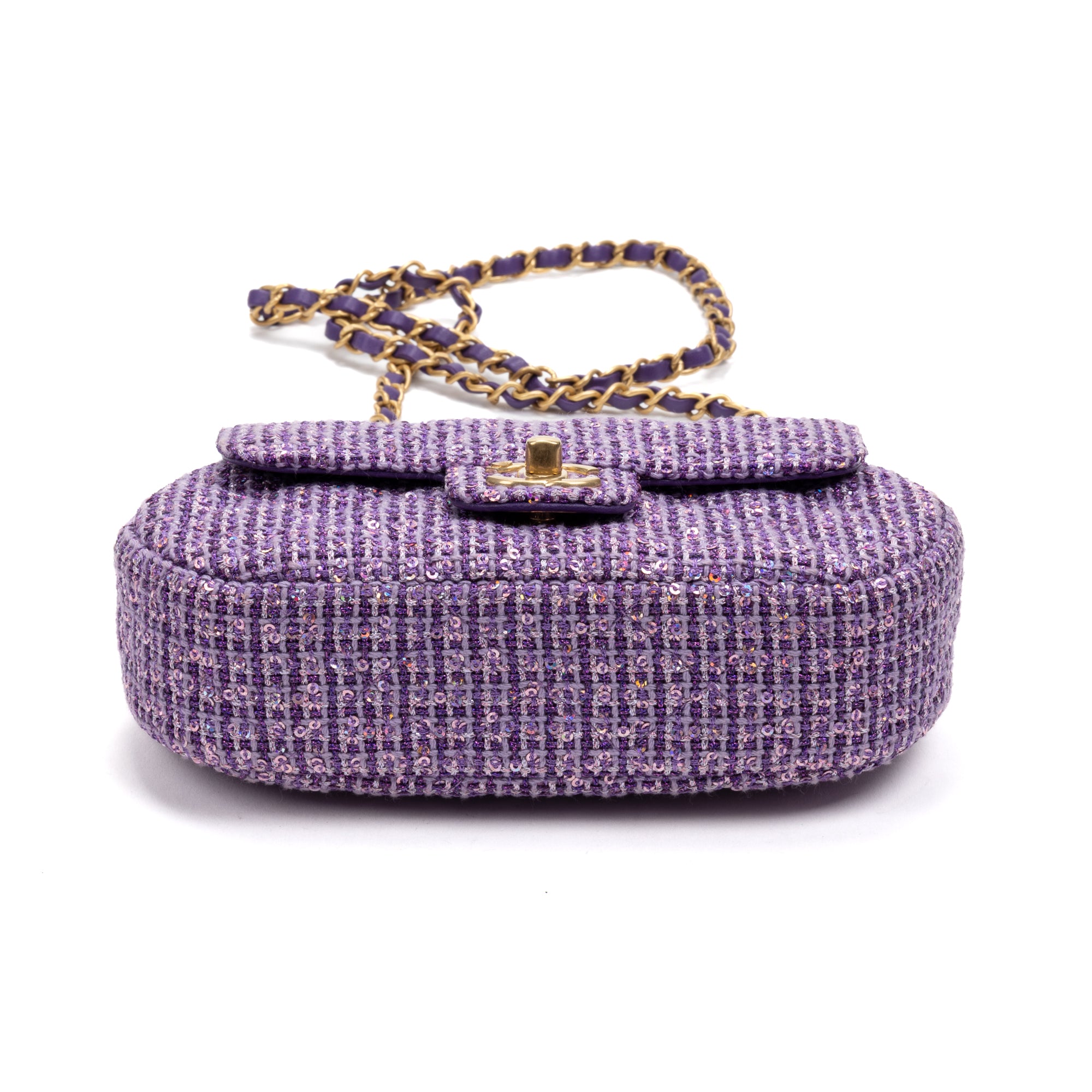 Shoulder Bag Rare Top Handle Tweed Flap Purple Tweed Sequin Canvas