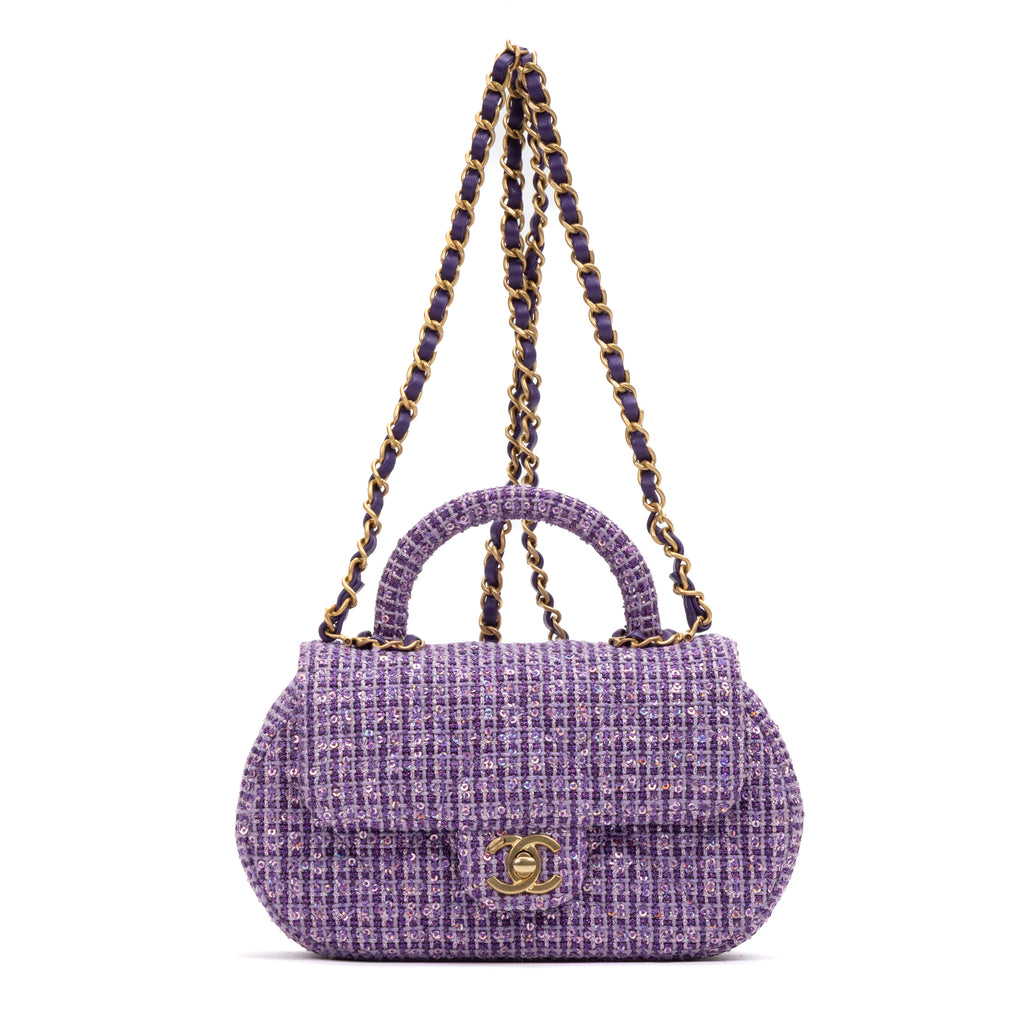 Shoulder Bag Rare Top Handle Tweed Flap Purple Tweed Sequin Canvas