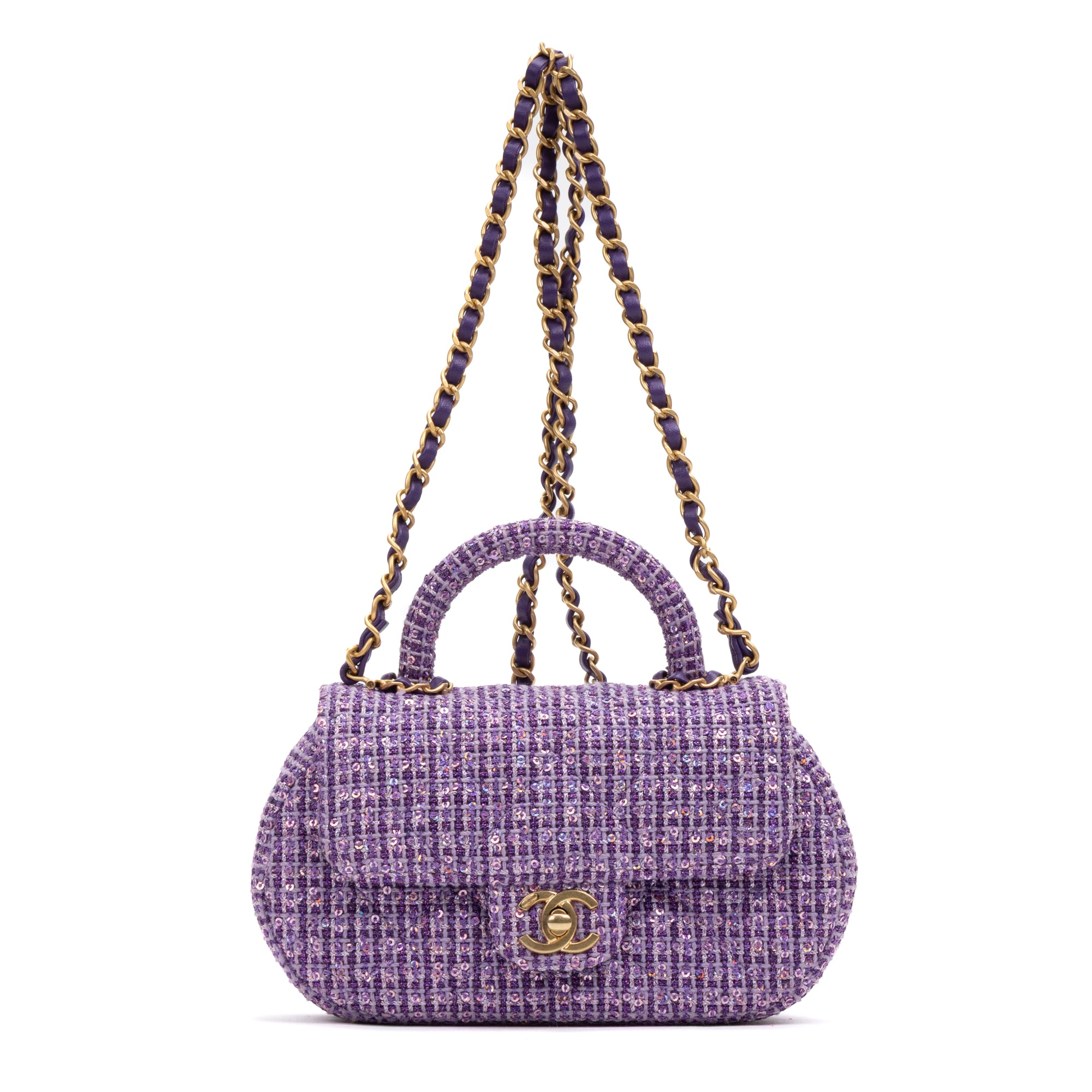 Shoulder Bag Rare Top Handle Tweed Flap Purple Tweed Sequin Canvas