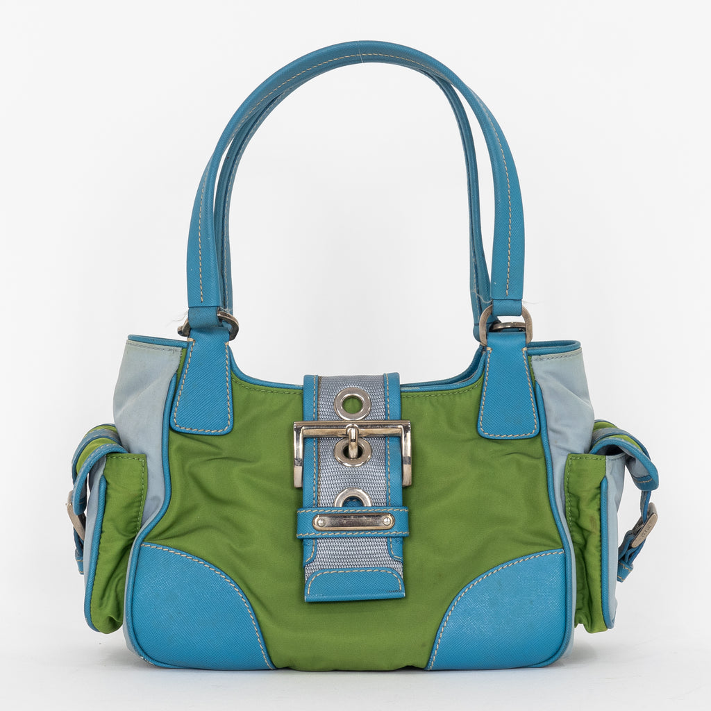 Shoulder Bag Two Pockets Tote Green Nylon Canvas