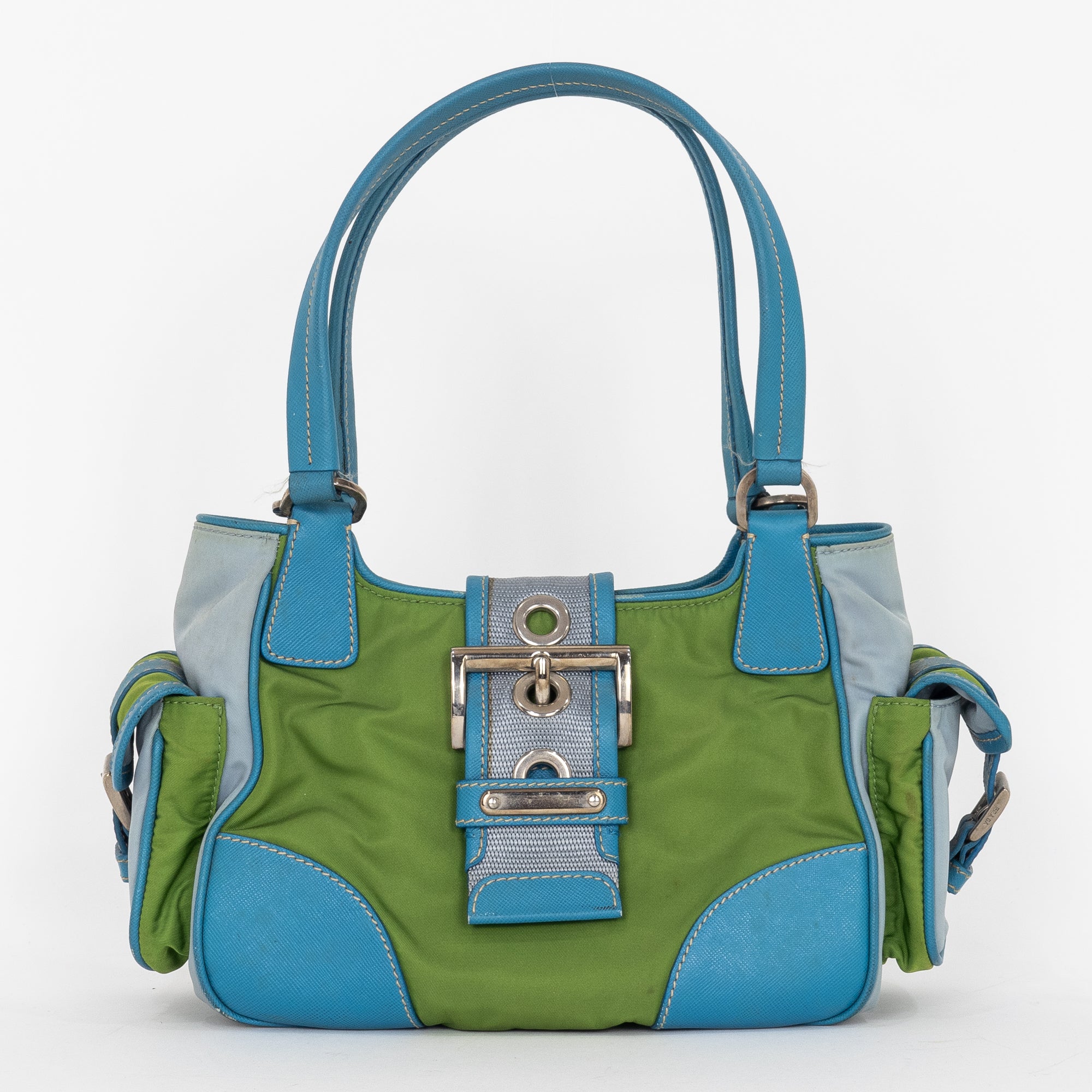 Shoulder Bag Two Pockets Tote Green Nylon Canvas