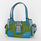 Shoulder Bag Two Pockets Tote Green Nylon Canvas
