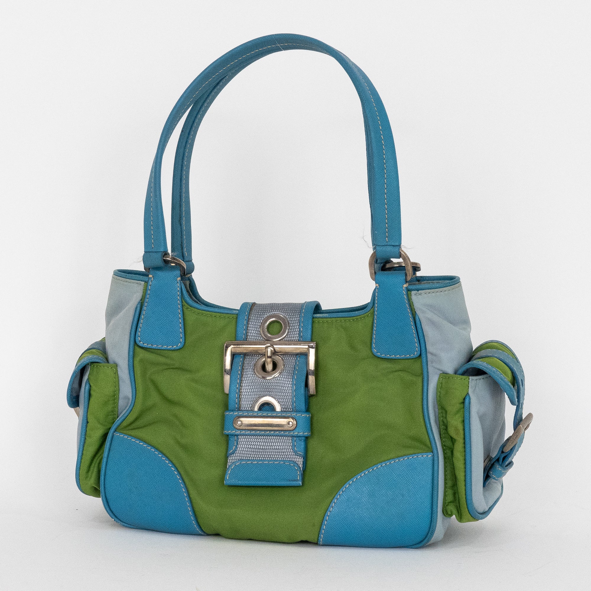 Shoulder Bag Two Pockets Tote Green Nylon Canvas