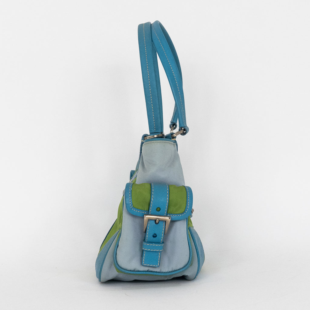 Shoulder Bag Two Pockets Tote Green Nylon Canvas
