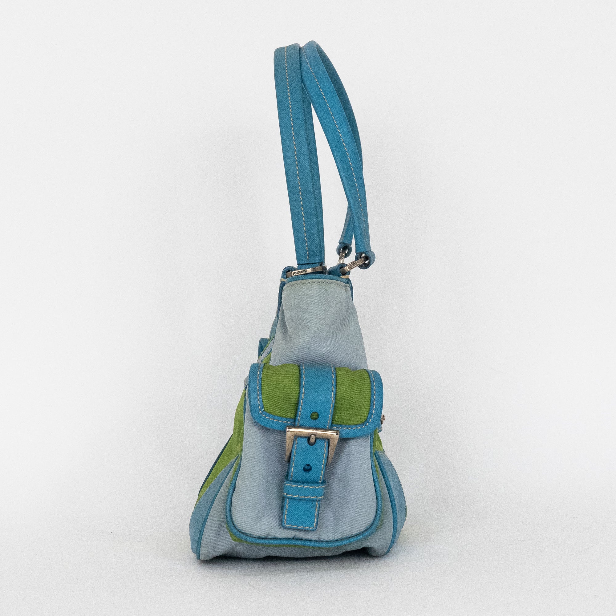 Shoulder Bag Two Pockets Tote Green Nylon Canvas