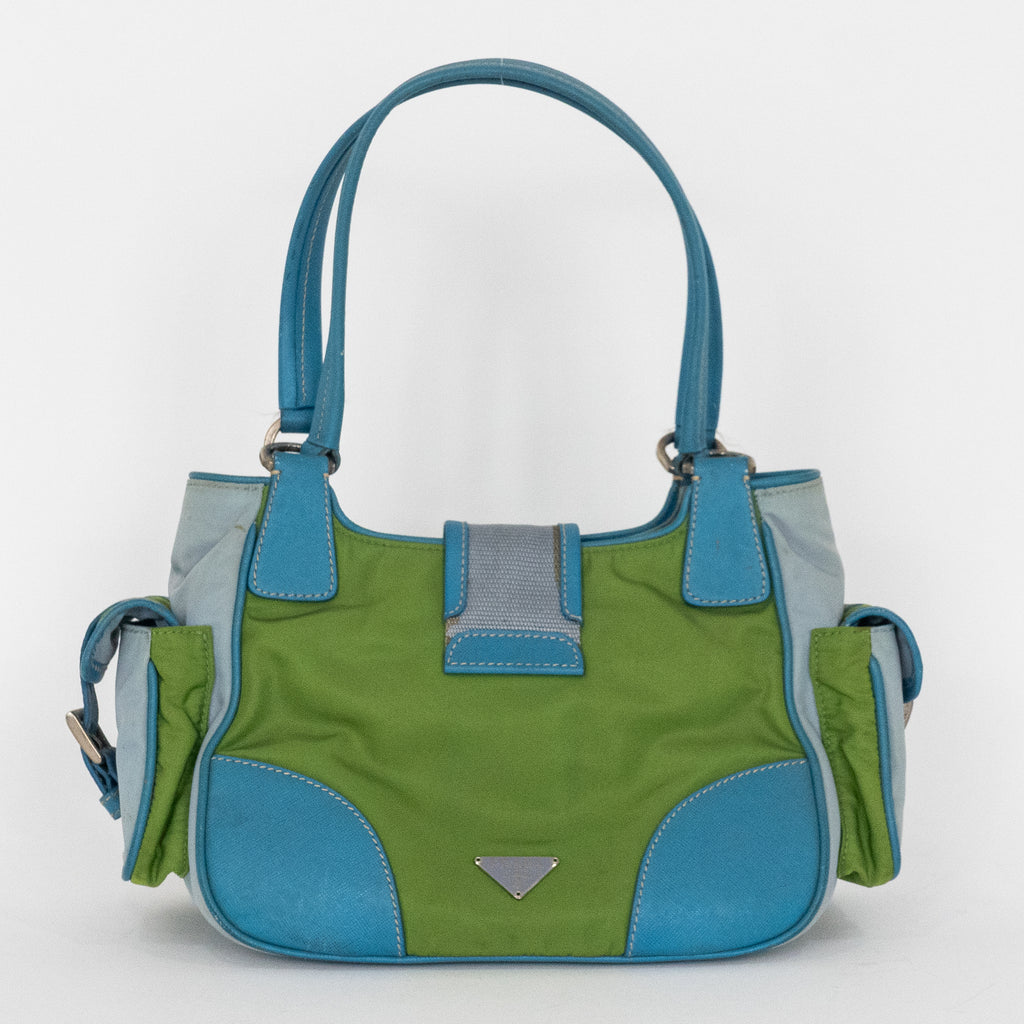 Shoulder Bag Two Pockets Tote Green Nylon Canvas