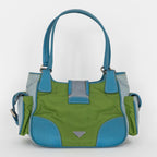 Shoulder Bag Two Pockets Tote Green Nylon Canvas