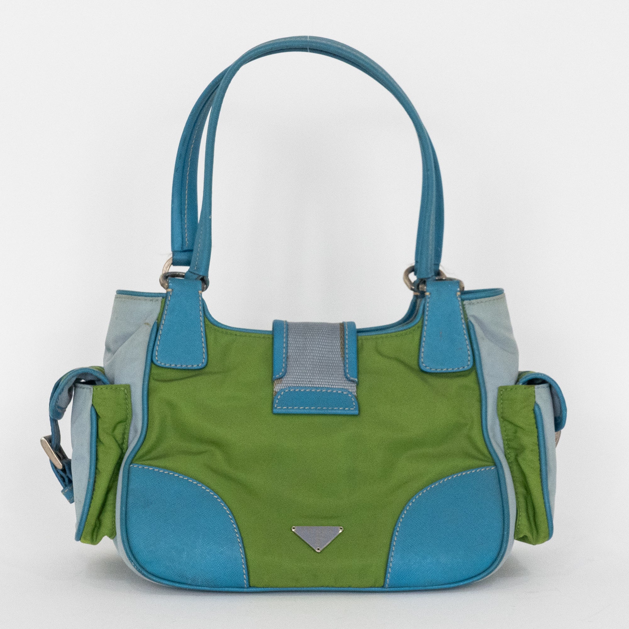 Shoulder Bag Two Pockets Tote Green Nylon Canvas