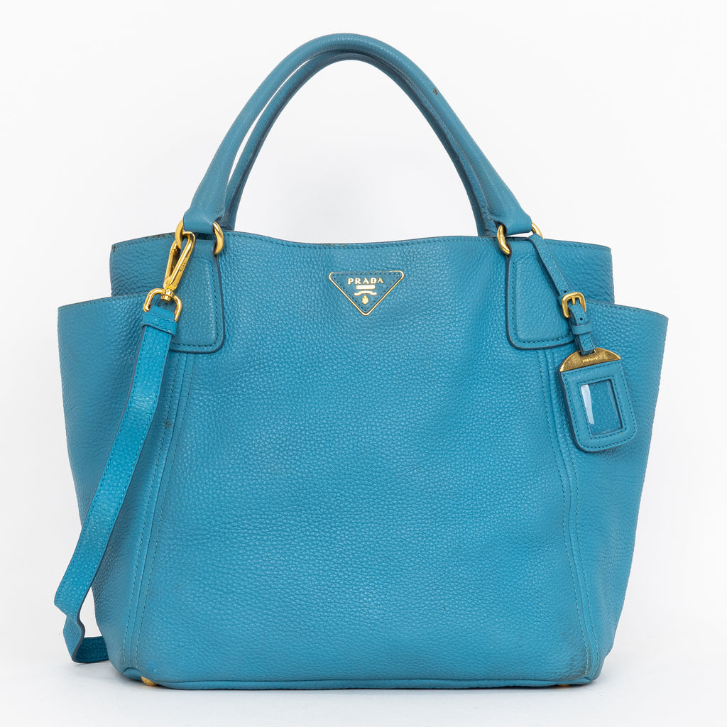 Shoulder Bag Side Pocket Tote Blue Calfskin Leather