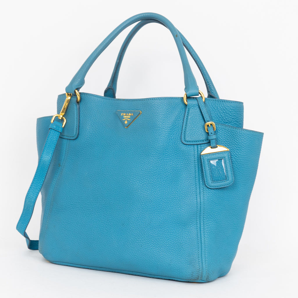 Shoulder Bag Side Pocket Tote Blue Calfskin Leather