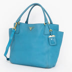 Shoulder Bag Side Pocket Tote Blue Calfskin Leather