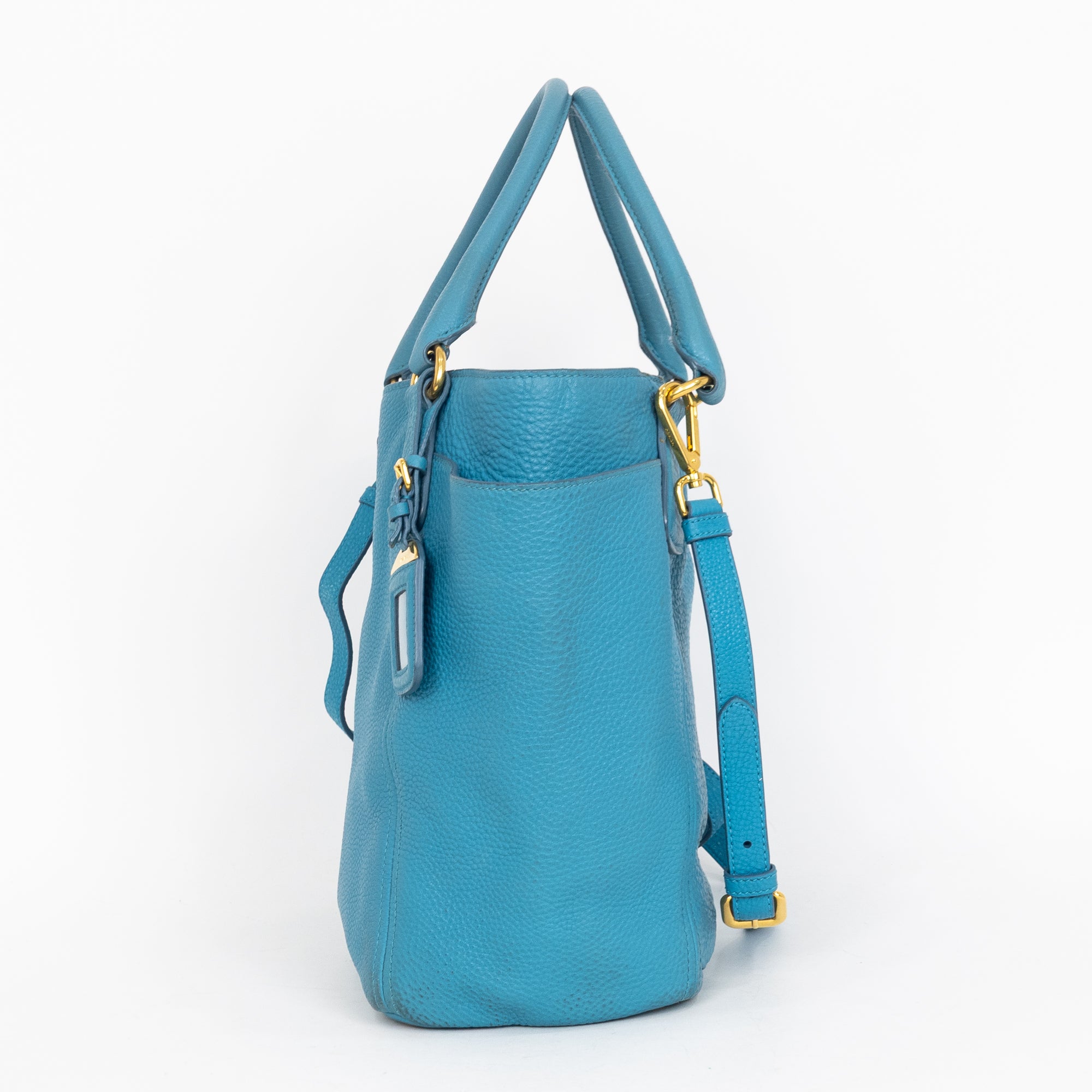 Shoulder Bag Side Pocket Tote Blue Calfskin Leather