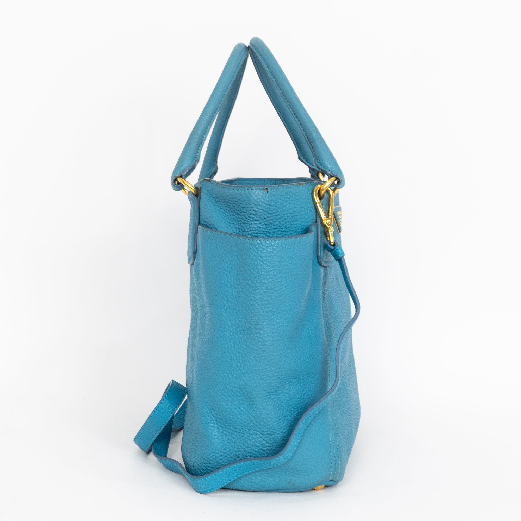 Shoulder Bag Side Pocket Tote Blue Calfskin Leather
