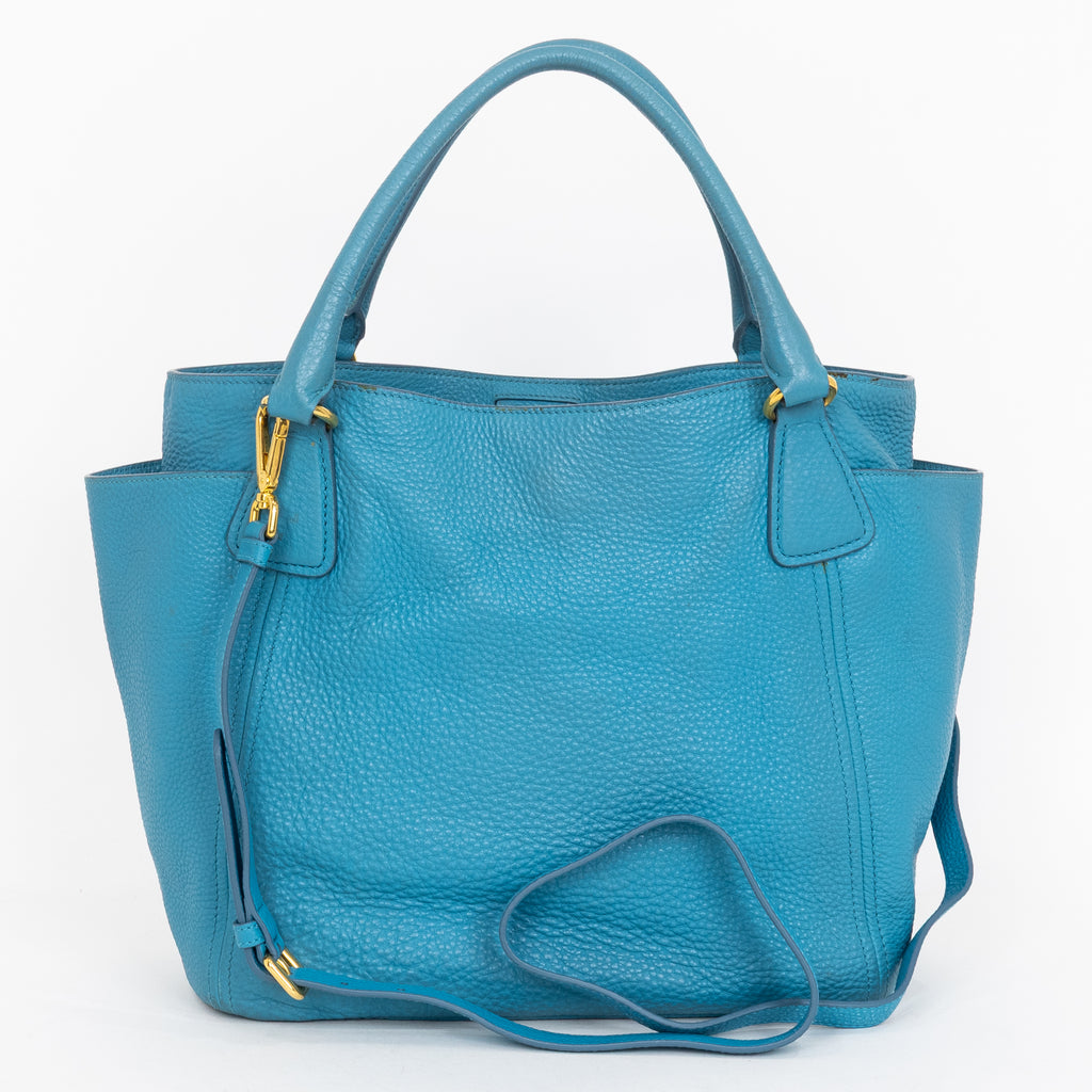 Shoulder Bag Side Pocket Tote Blue Calfskin Leather