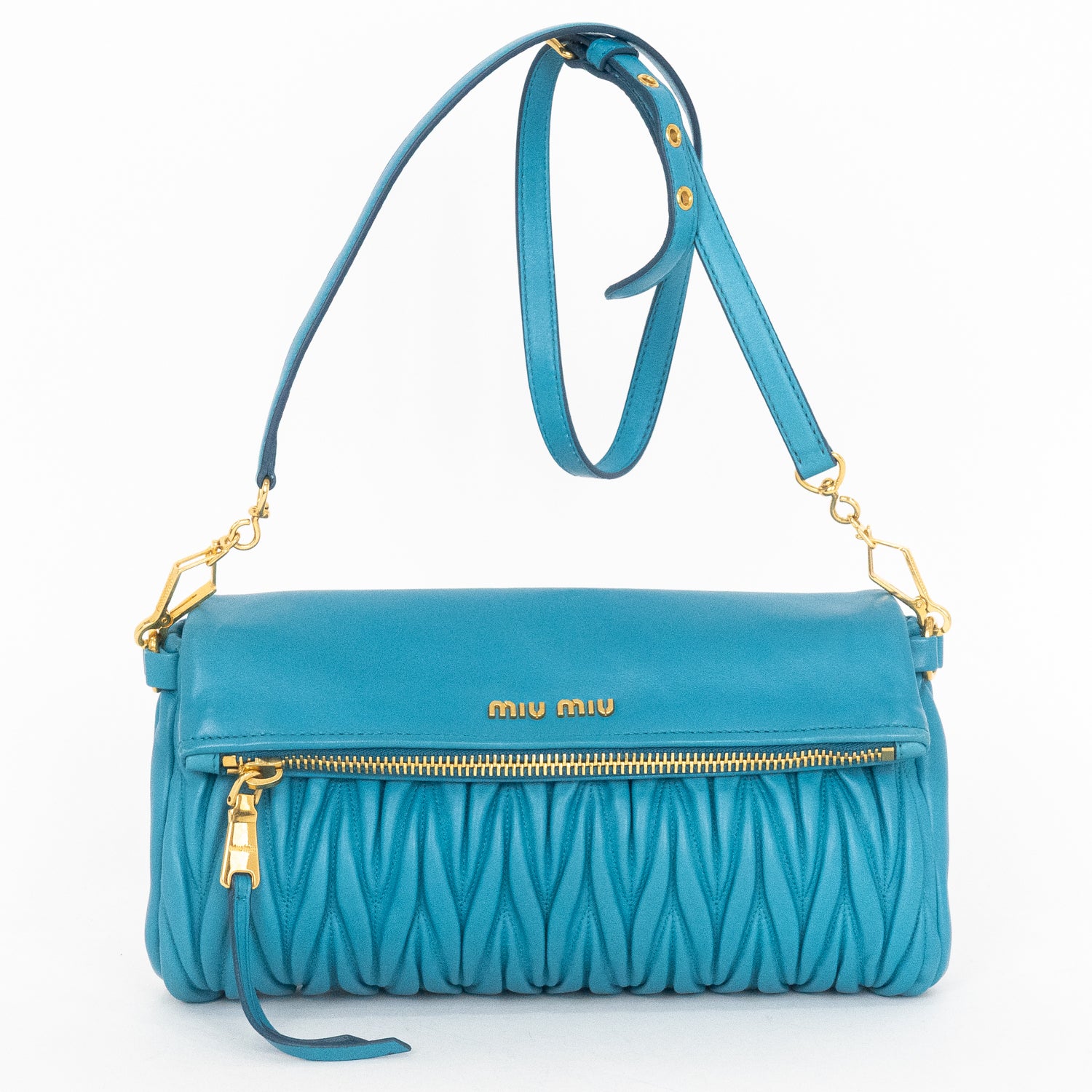 Shoulder Bag Fold Over Crossbody Blue Matelasse Leather