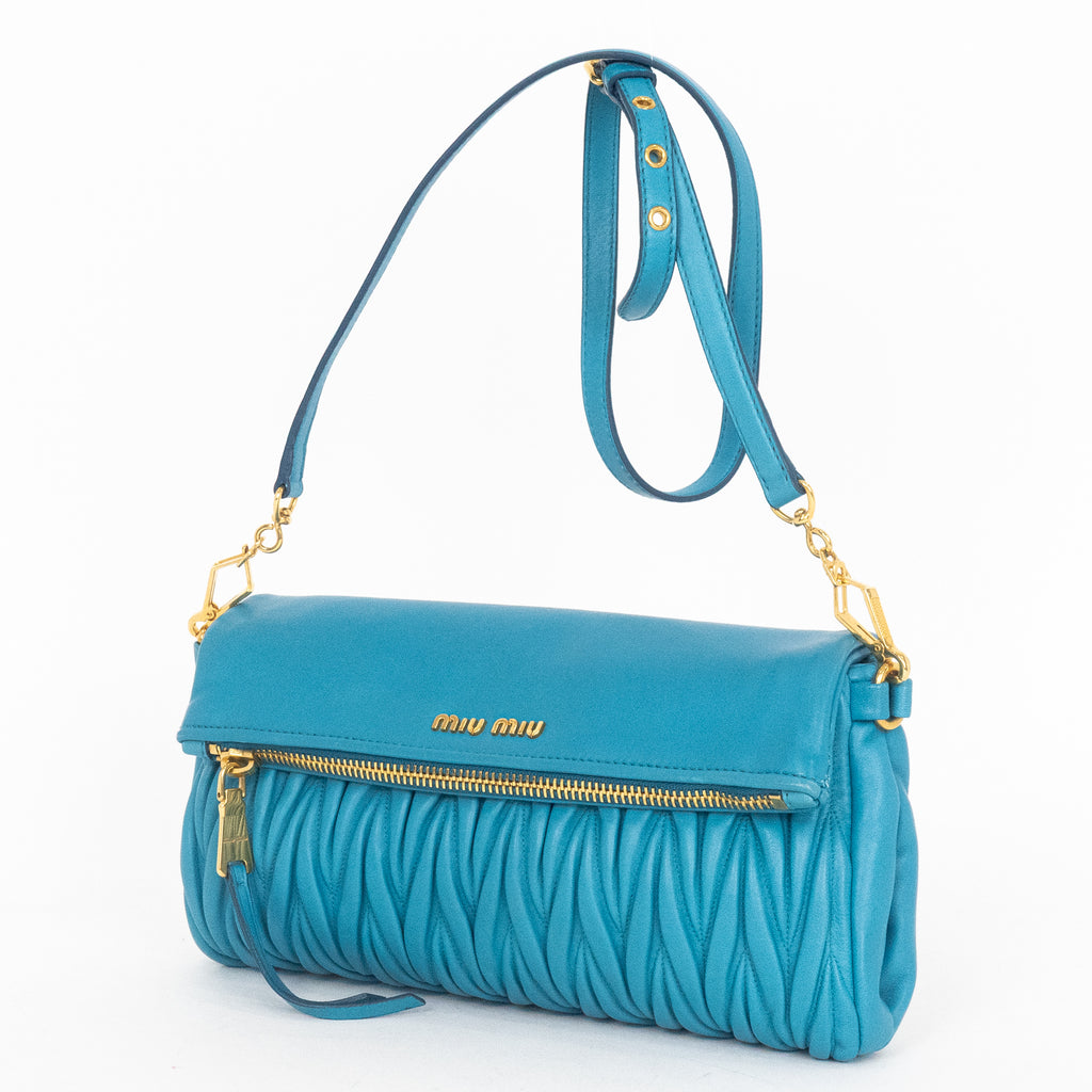 Shoulder Bag Fold Over Crossbody Blue Matelasse Leather
