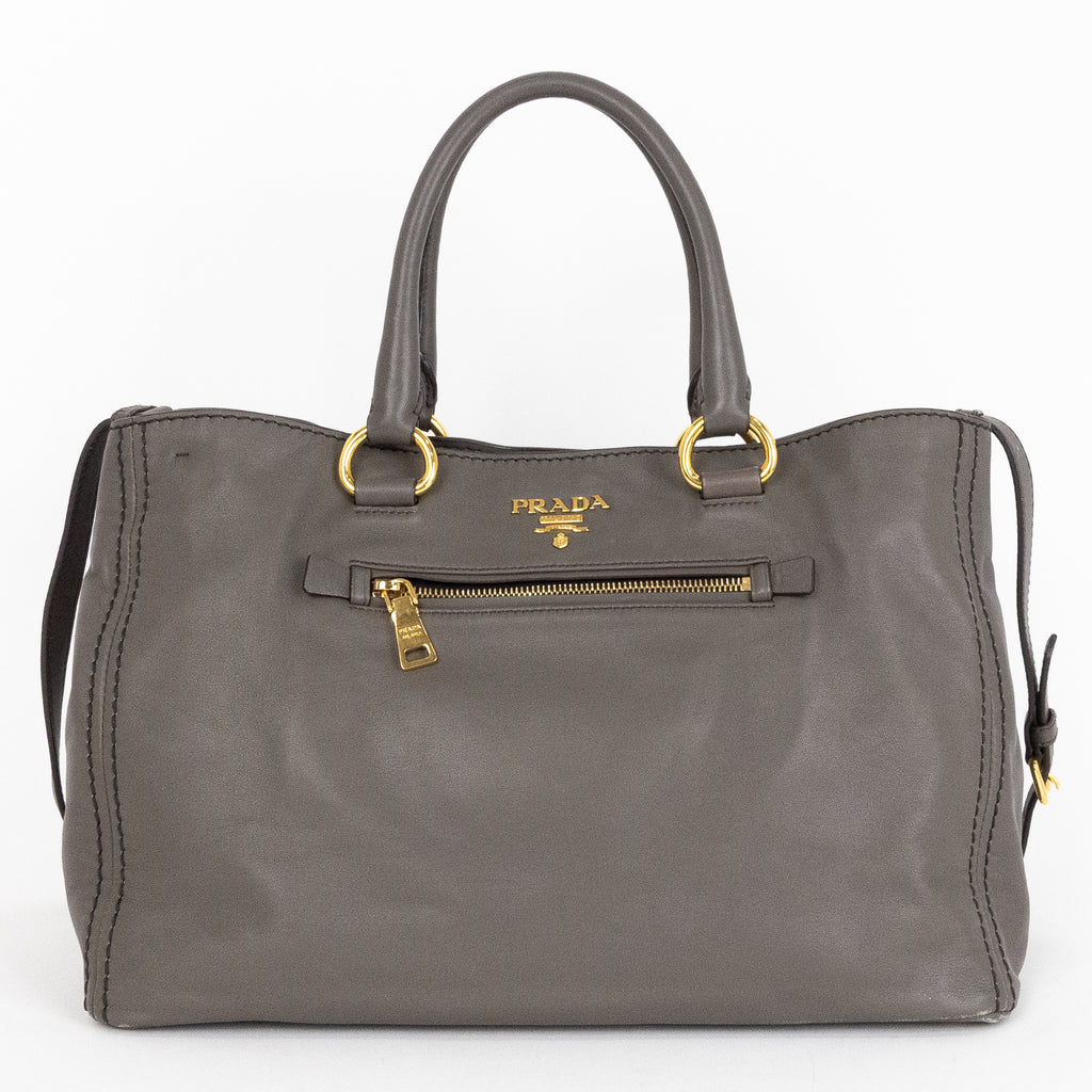 Handbag Front Zip Pocket Convertible Tote Grey Soft Calfskin Leather
