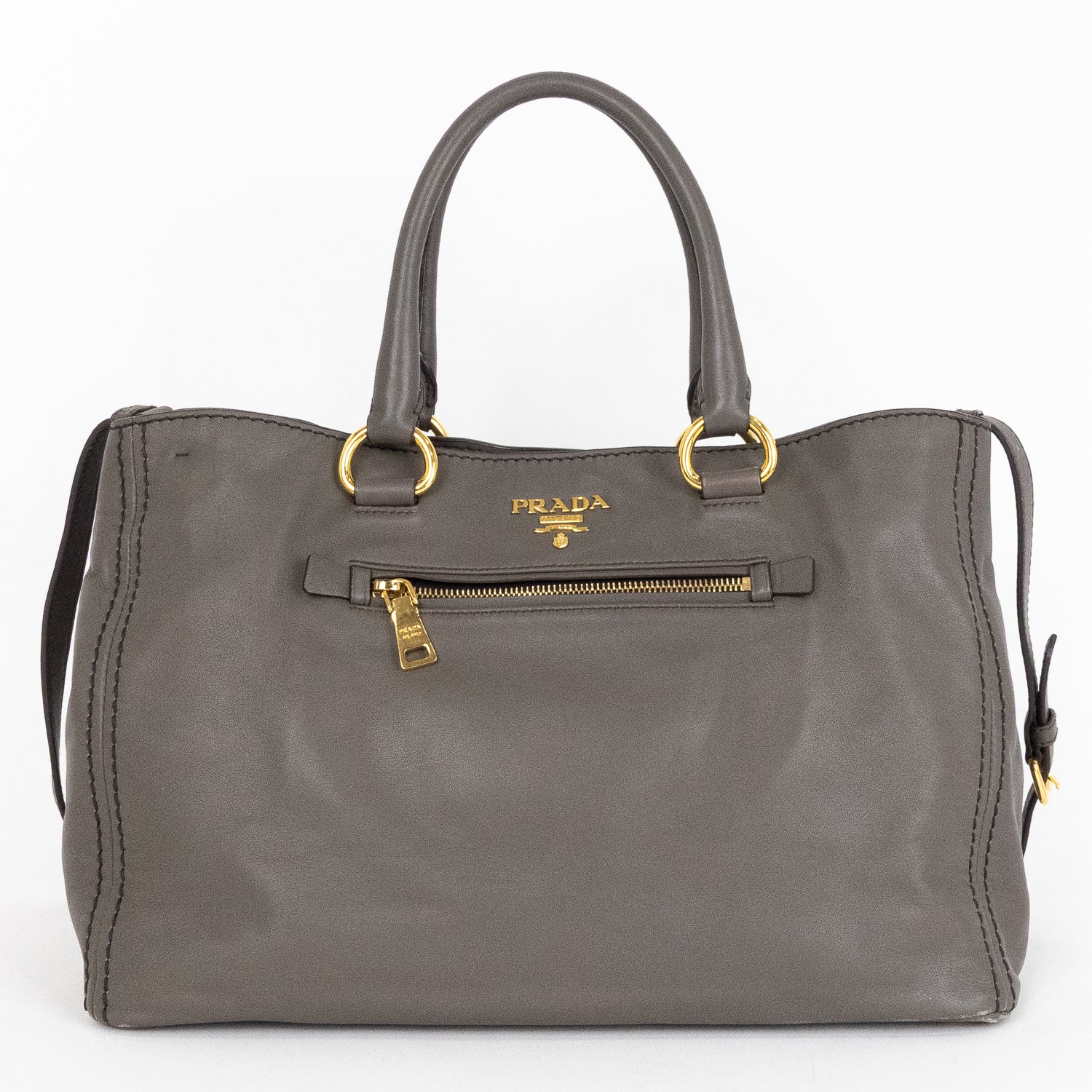 Handbag Front Zip Pocket Convertible Tote Grey Soft Calfskin Leather