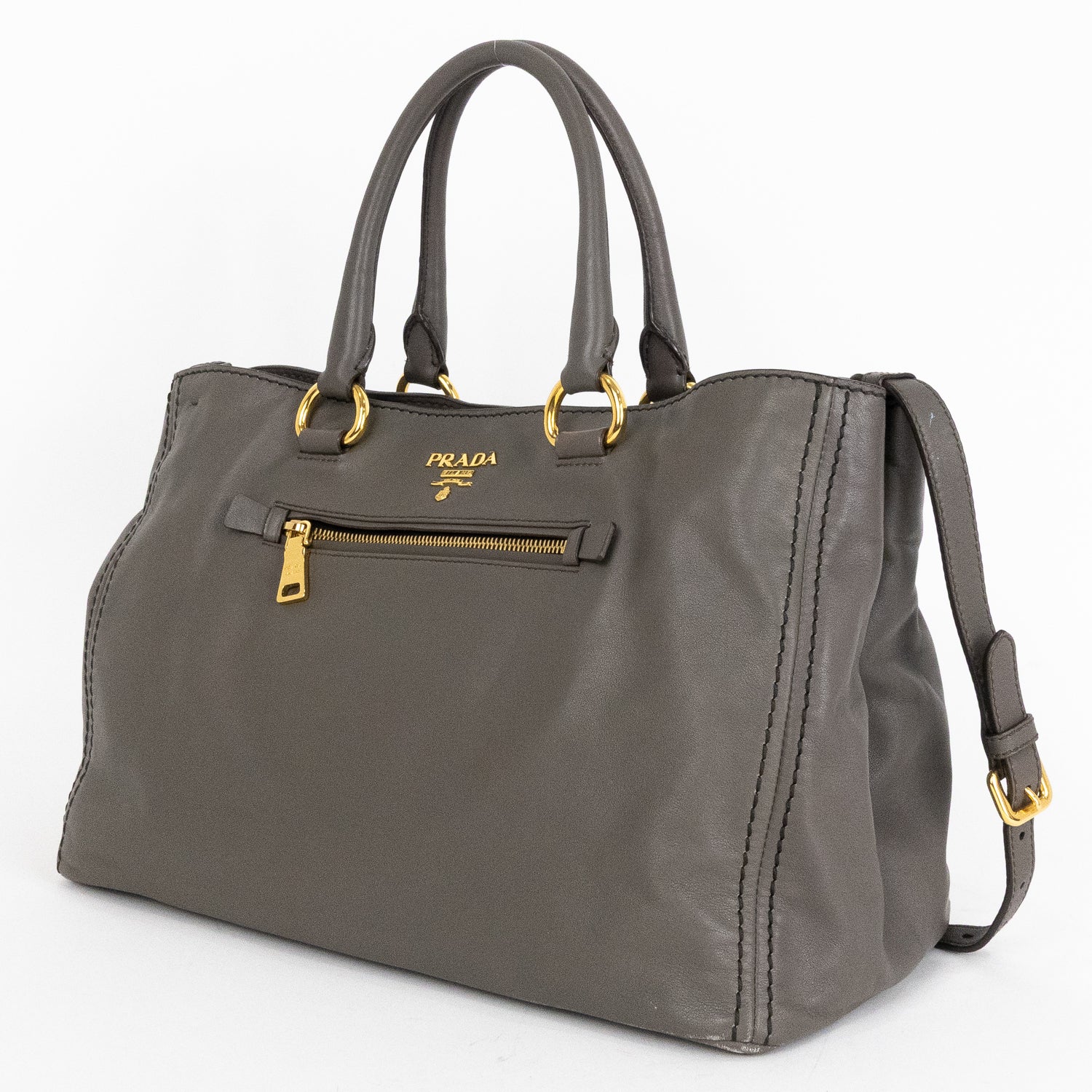 Handbag Front Zip Pocket Convertible Tote Grey Soft Calfskin Leather