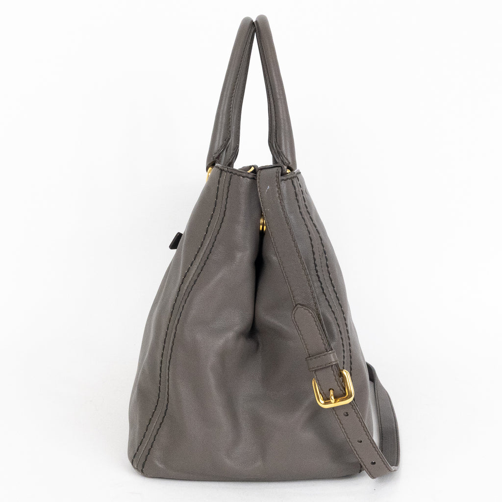 Handbag Front Zip Pocket Convertible Tote Grey Soft Calfskin Leather