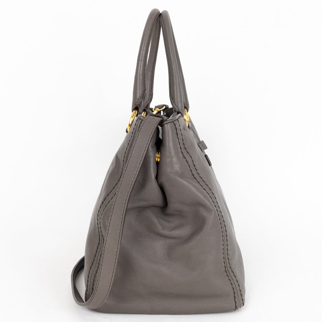 Handbag Front Zip Pocket Convertible Tote Grey Soft Calfskin Leather