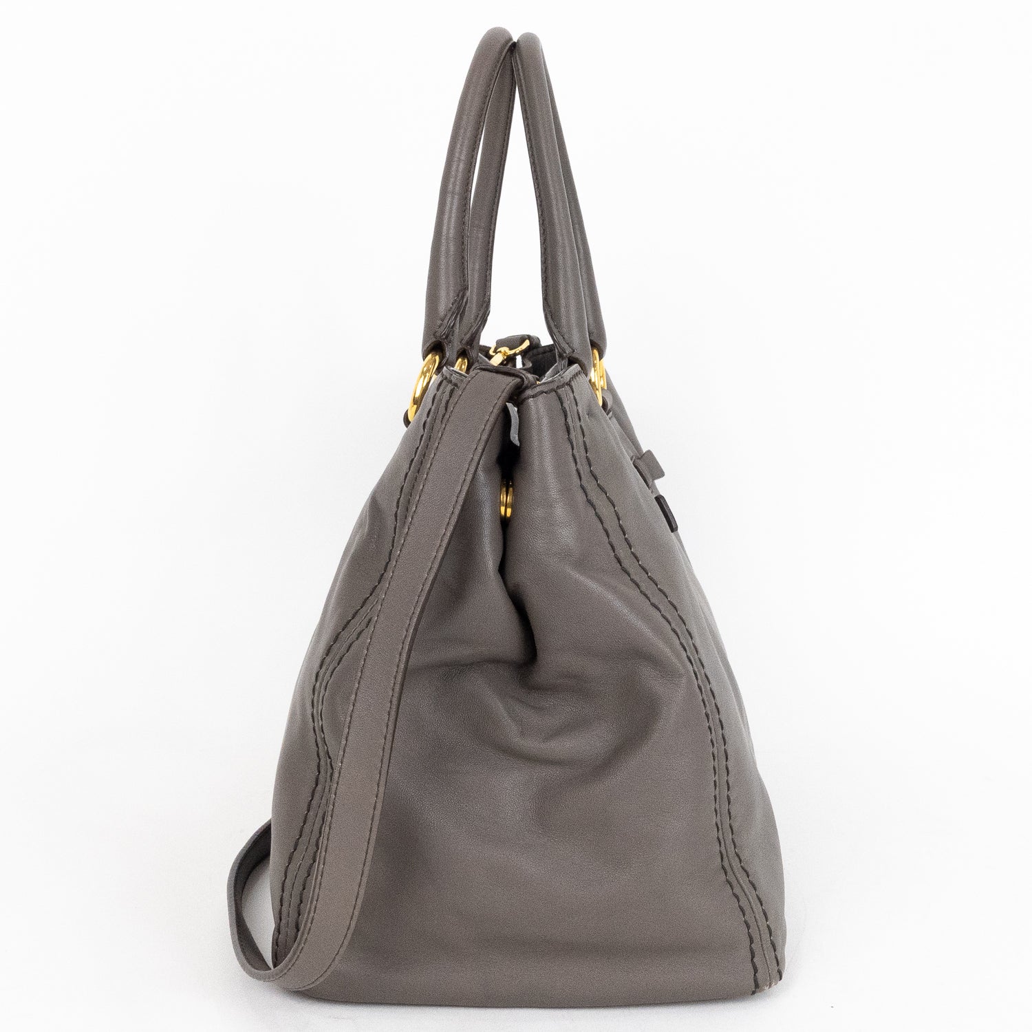 Handbag Front Zip Pocket Convertible Tote Grey Soft Calfskin Leather