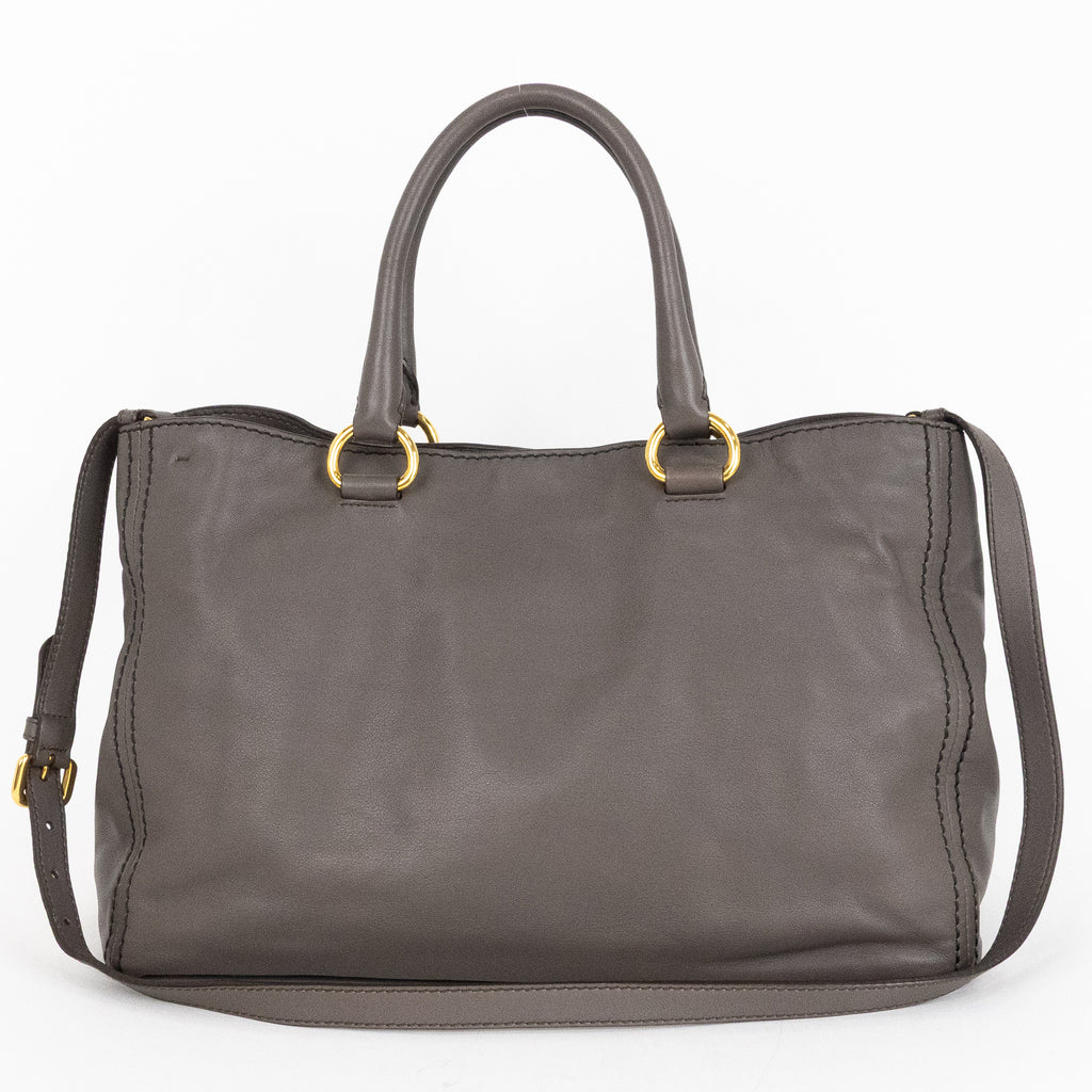Handbag Front Zip Pocket Convertible Tote Grey Soft Calfskin Leather