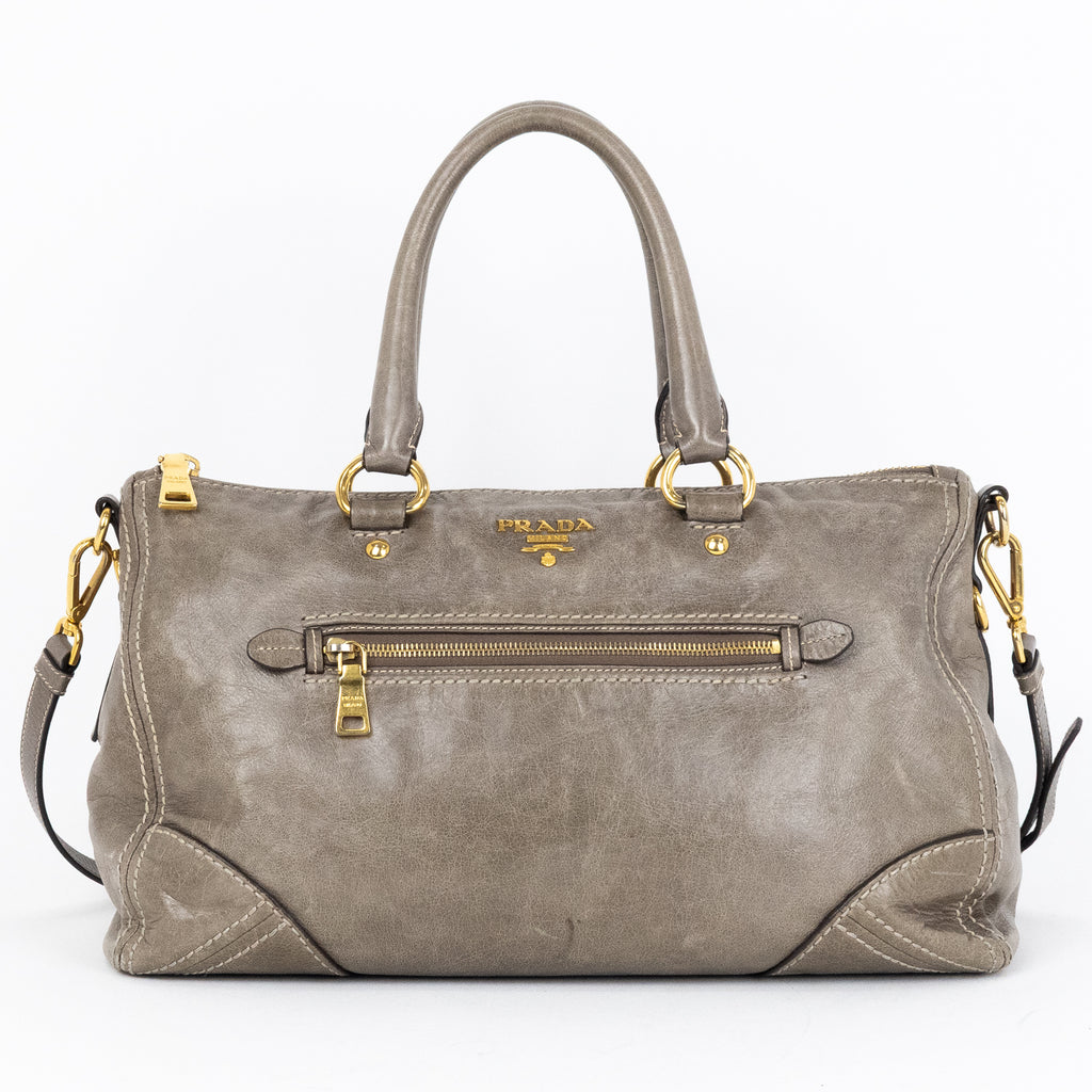 Travel Bag Front Zip Pocket Convertible Tote Grey Vitello Shine Leather