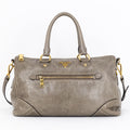 Travel Bag Front Zip Pocket Convertible Tote Grey Vitello Shine Leather