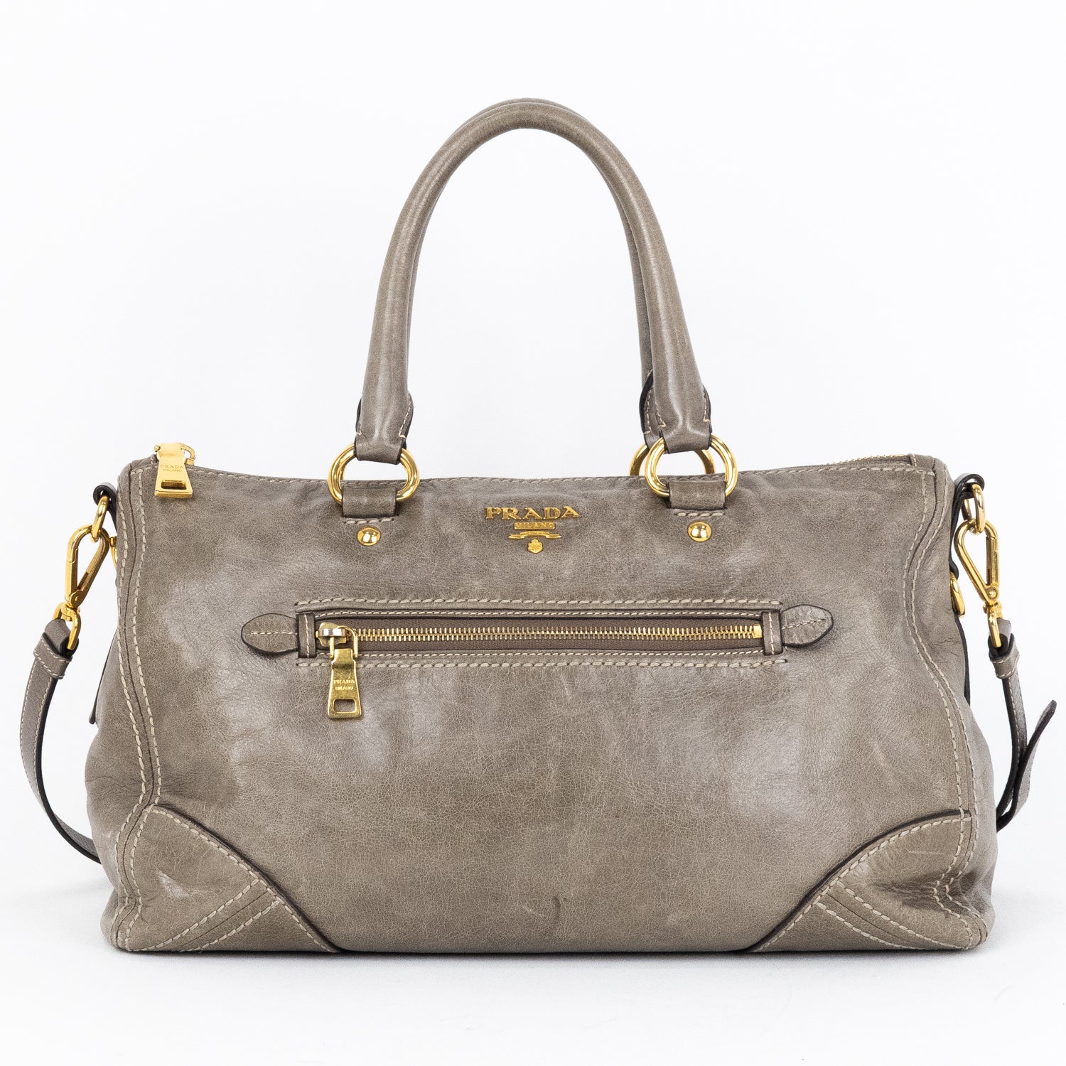 Travel Bag Front Zip Pocket Convertible Tote Grey Vitello Shine Leather