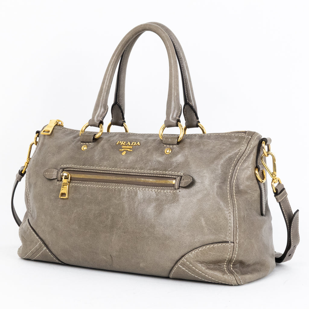 Travel Bag Front Zip Pocket Convertible Tote Grey Vitello Shine Leather