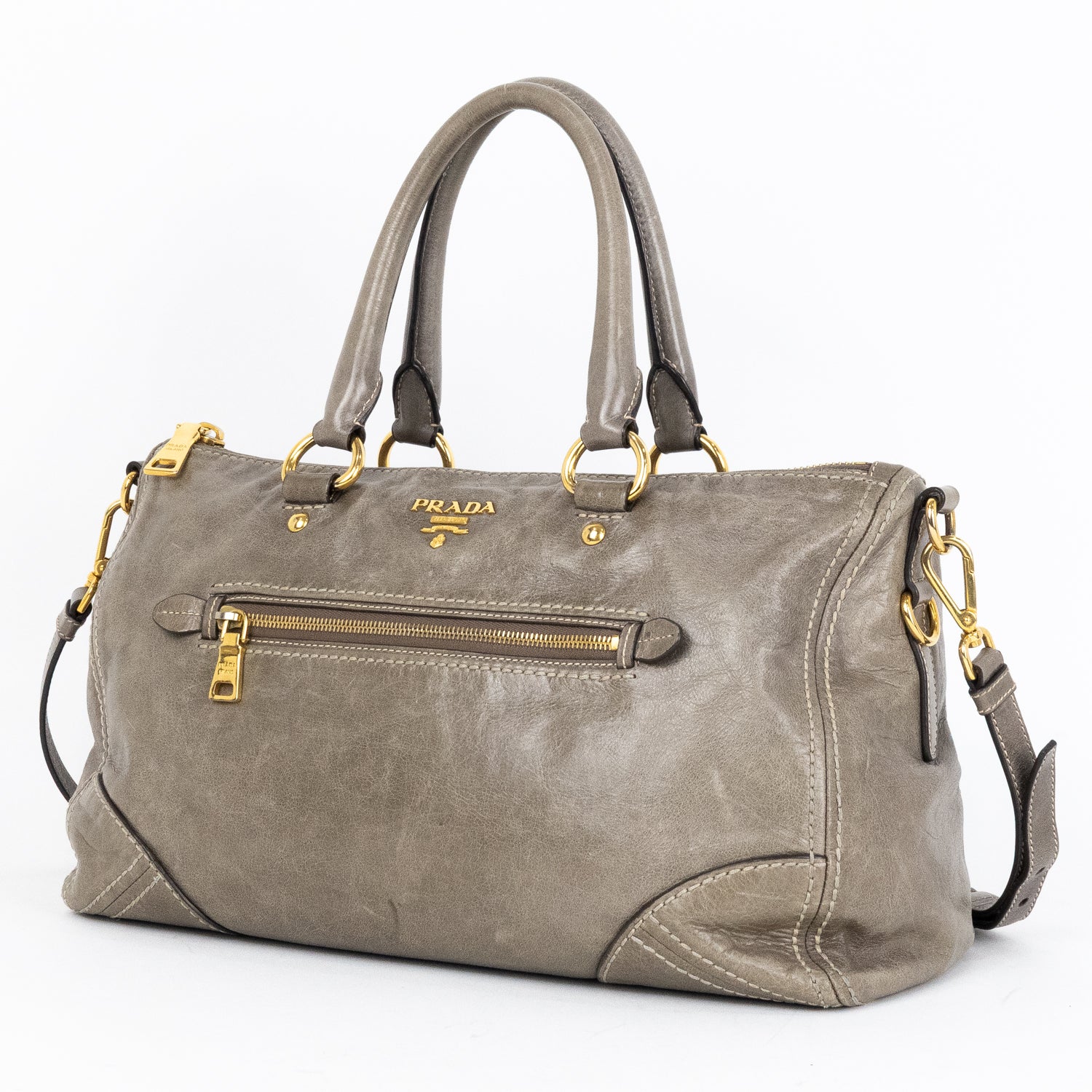 Travel Bag Front Zip Pocket Convertible Tote Grey Vitello Shine Leather
