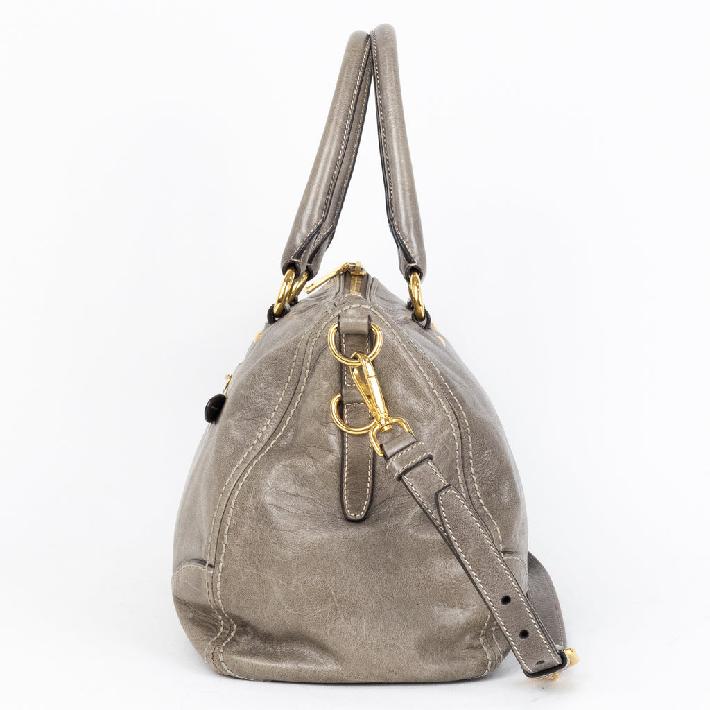 Travel Bag Front Zip Pocket Convertible Tote Grey Vitello Shine Leather
