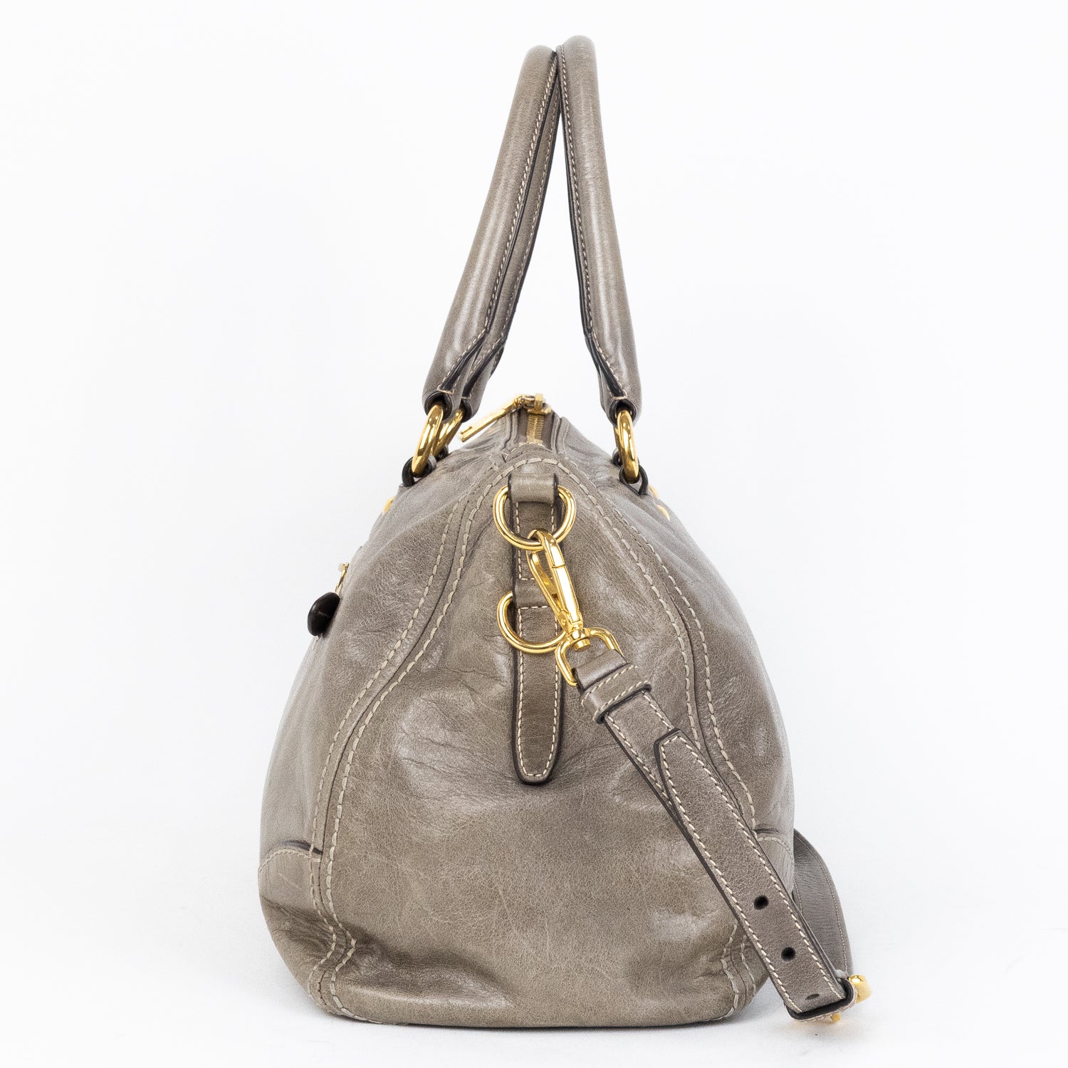 Travel Bag Front Zip Pocket Convertible Tote Grey Vitello Shine Leather