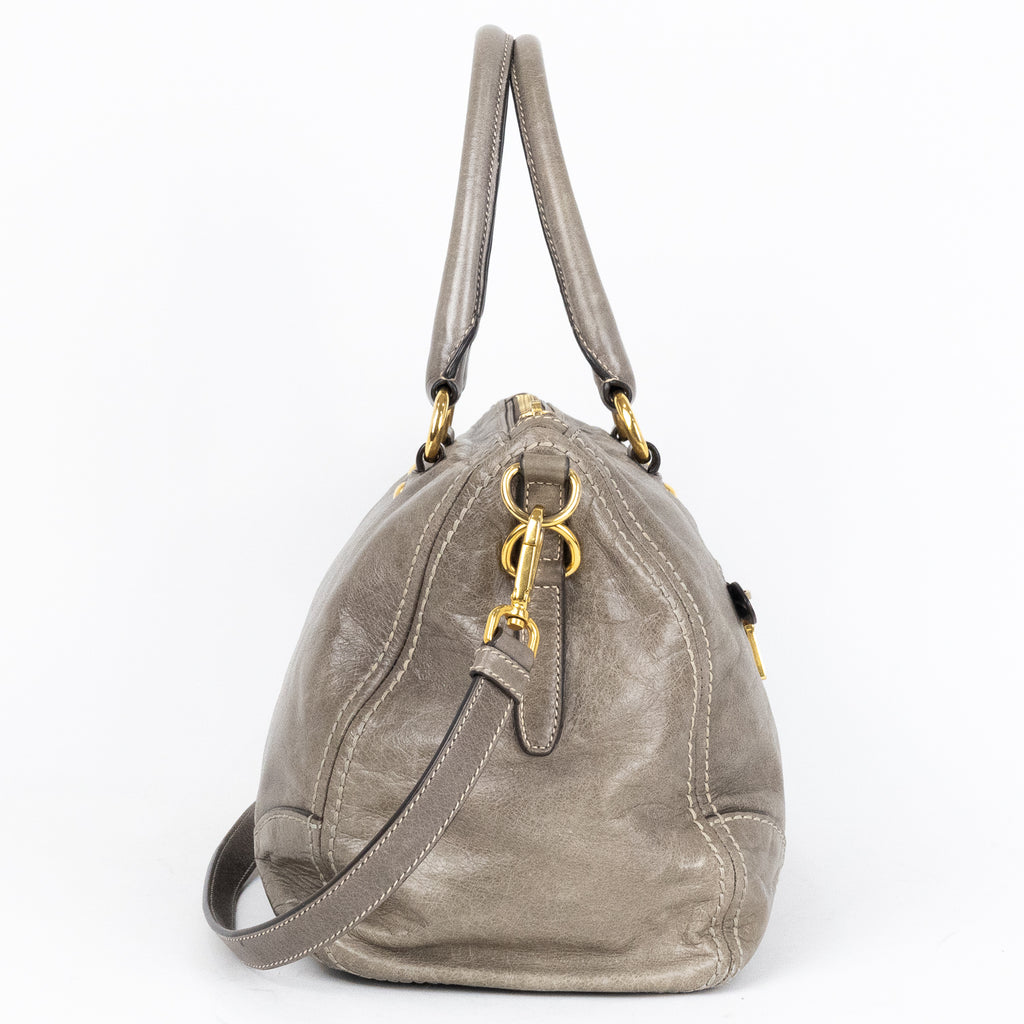 Travel Bag Front Zip Pocket Convertible Tote Grey Vitello Shine Leather