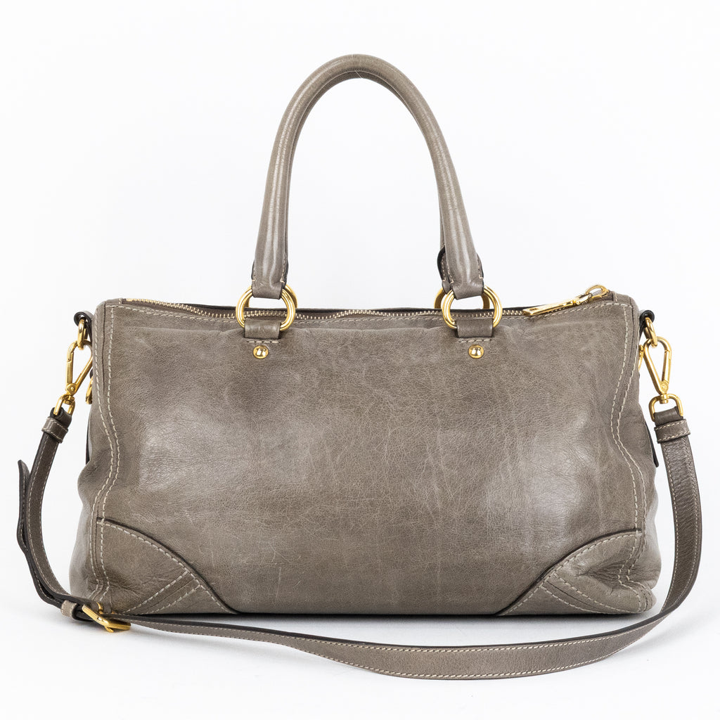 Travel Bag Front Zip Pocket Convertible Tote Grey Vitello Shine Leather