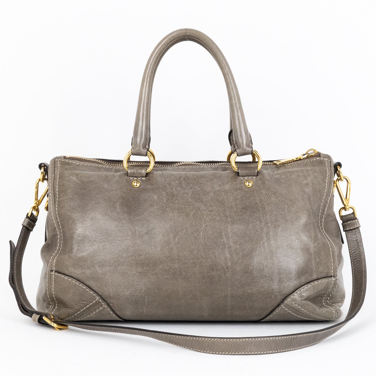 Travel Bag Front Zip Pocket Convertible Tote Grey Vitello Shine Leather