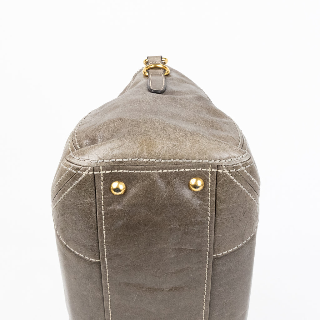 Travel Bag Front Zip Pocket Convertible Tote Grey Vitello Shine Leather
