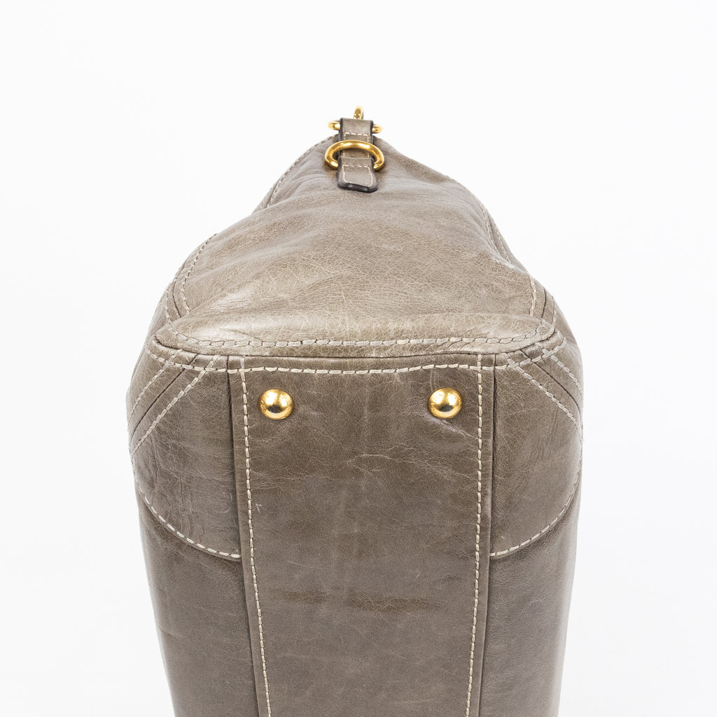 Travel Bag Front Zip Pocket Convertible Tote Grey Vitello Shine Leather