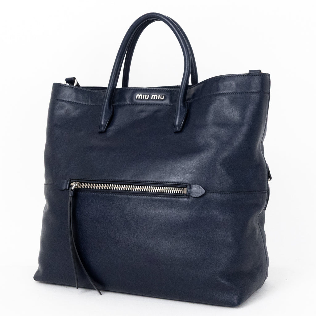 Handbag Shopper Tote Navy Blue Calfskin Smooth Leather
