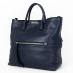 Handbag Shopper Tote Navy Blue Calfskin Smooth Leather