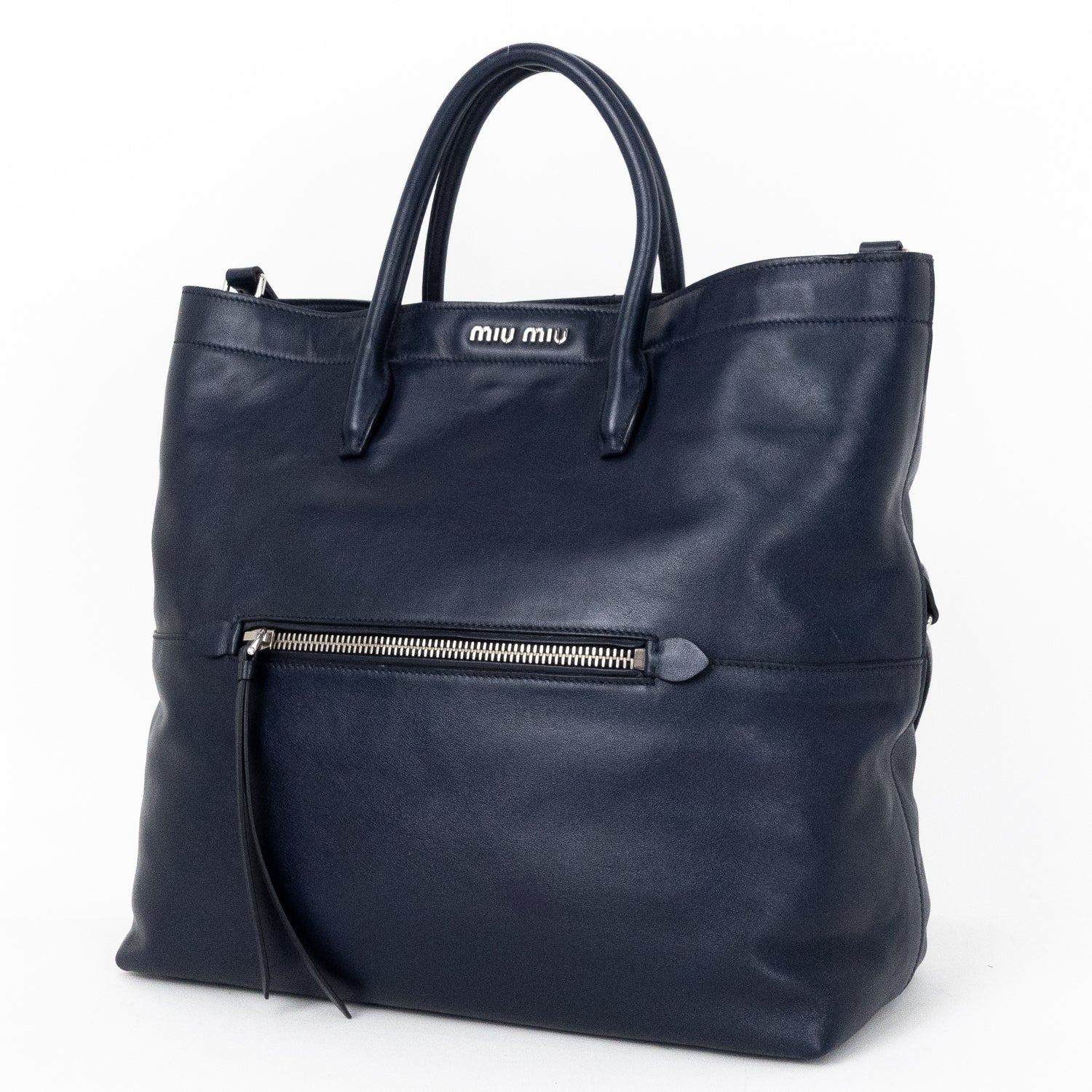Handbag Shopper Tote Navy Blue Calfskin Smooth Leather