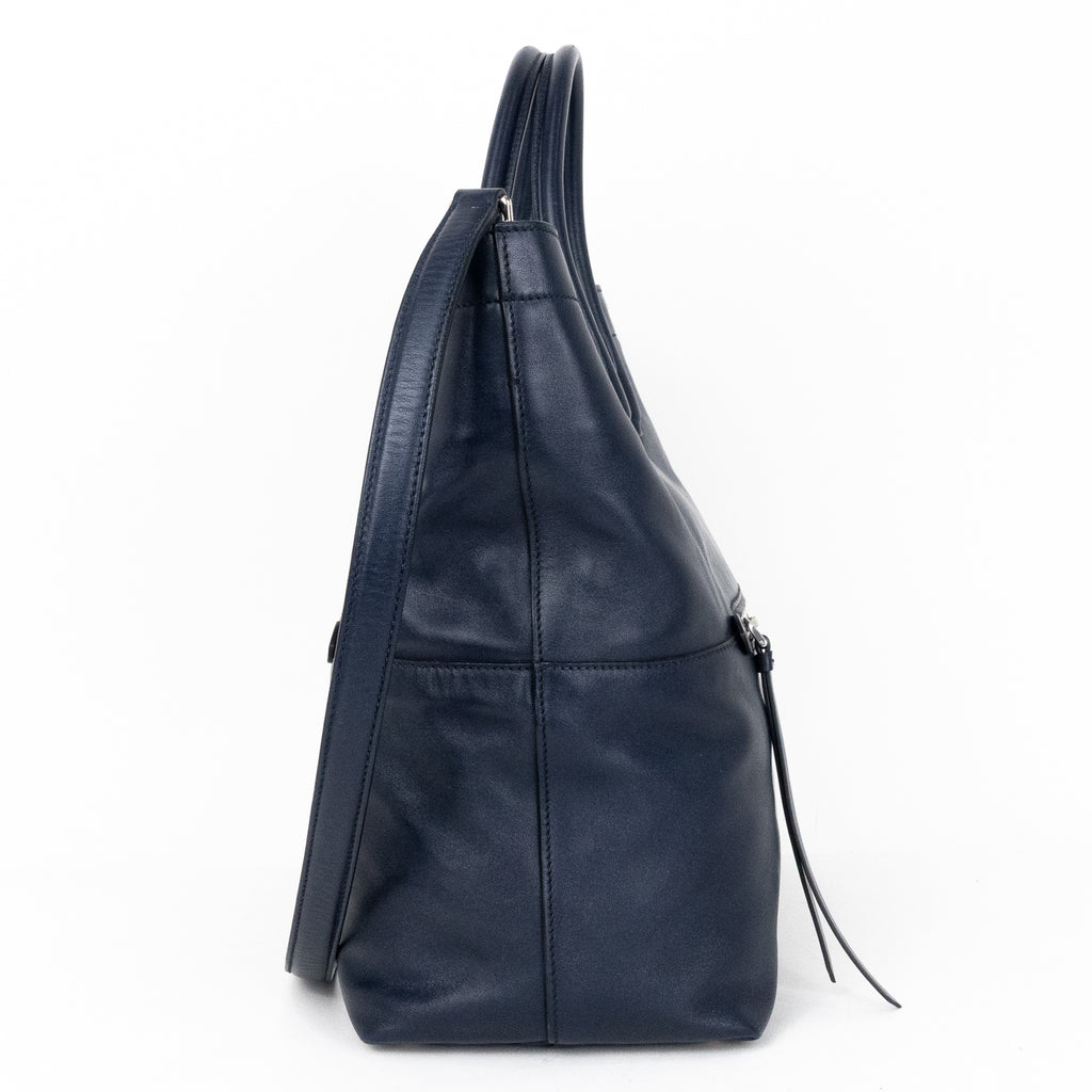 Handbag Shopper Tote Navy Blue Calfskin Smooth Leather