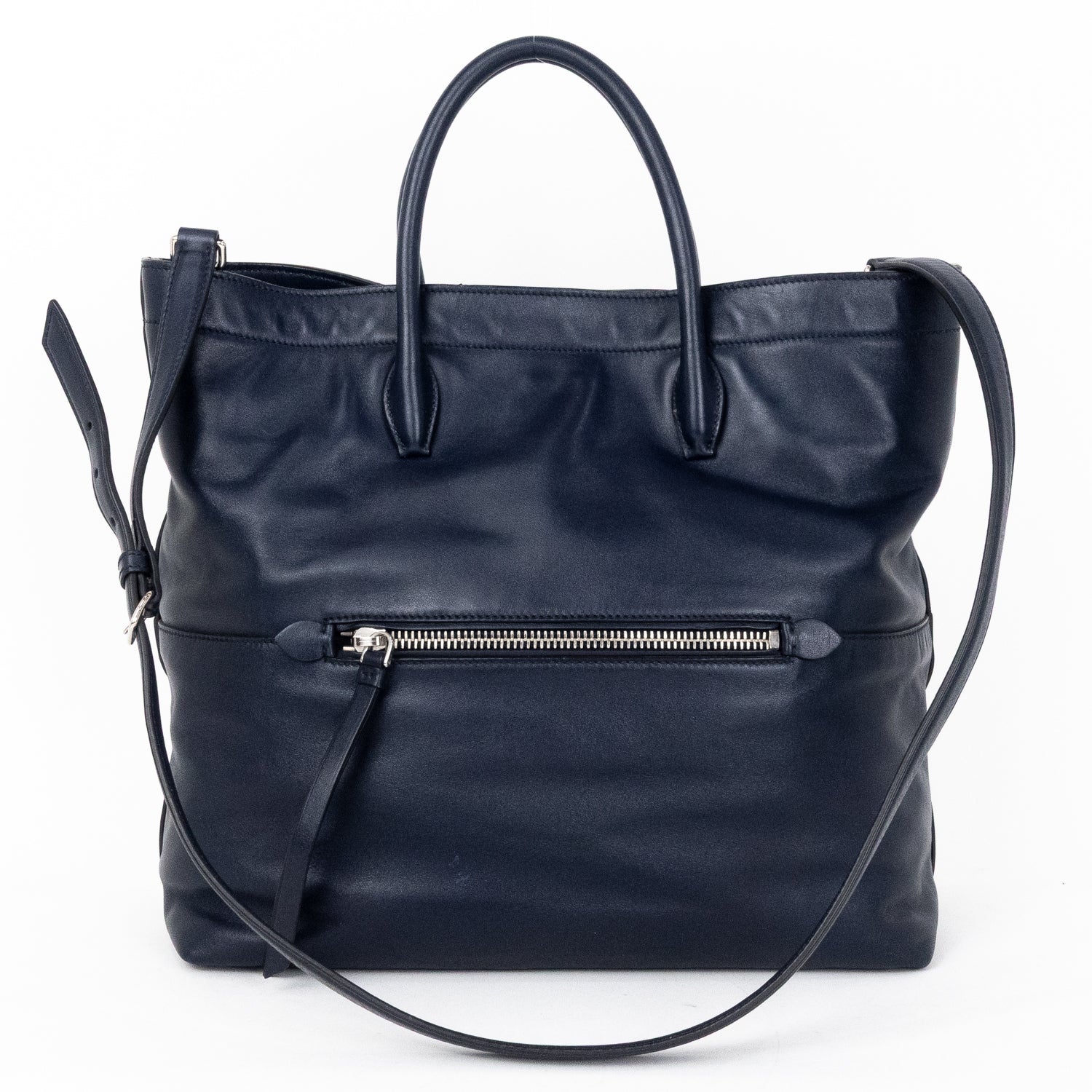 Handbag Shopper Tote Navy Blue Calfskin Smooth Leather