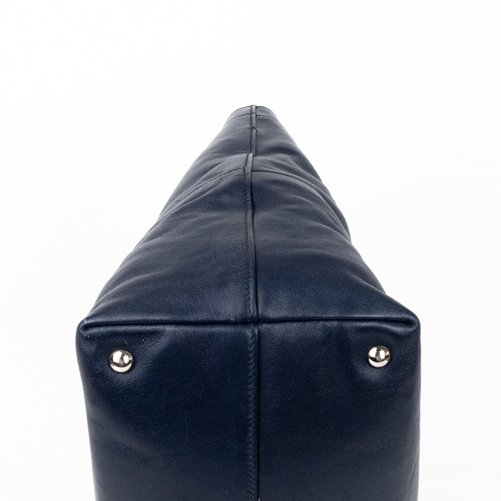 Handbag Shopper Tote Navy Blue Calfskin Smooth Leather