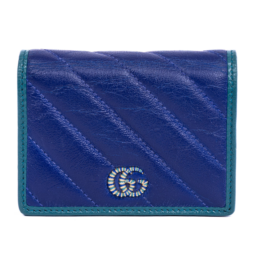 Wallet Marmont Card Case Bifold Blue Calfskin Quilted Leather