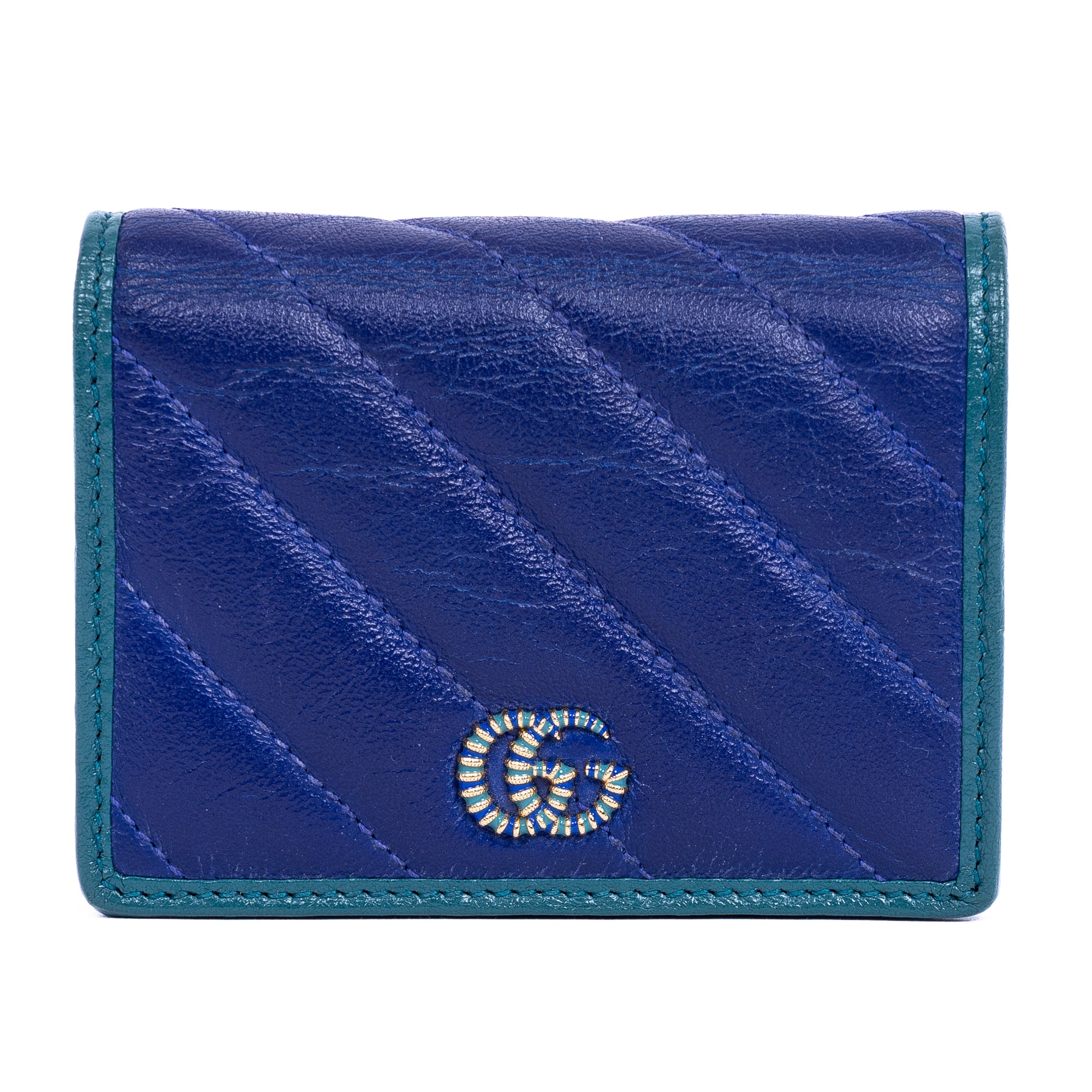 Wallet Marmont Card Case Bifold Blue Calfskin Quilted Leather