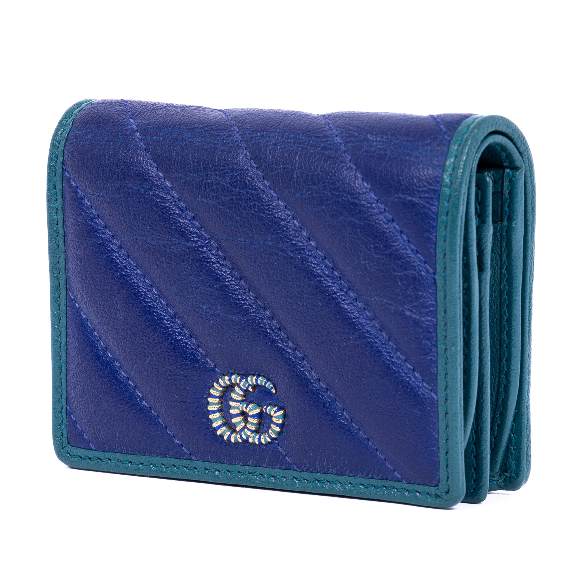 Wallet Marmont Card Case Bifold Blue Calfskin Quilted Leather